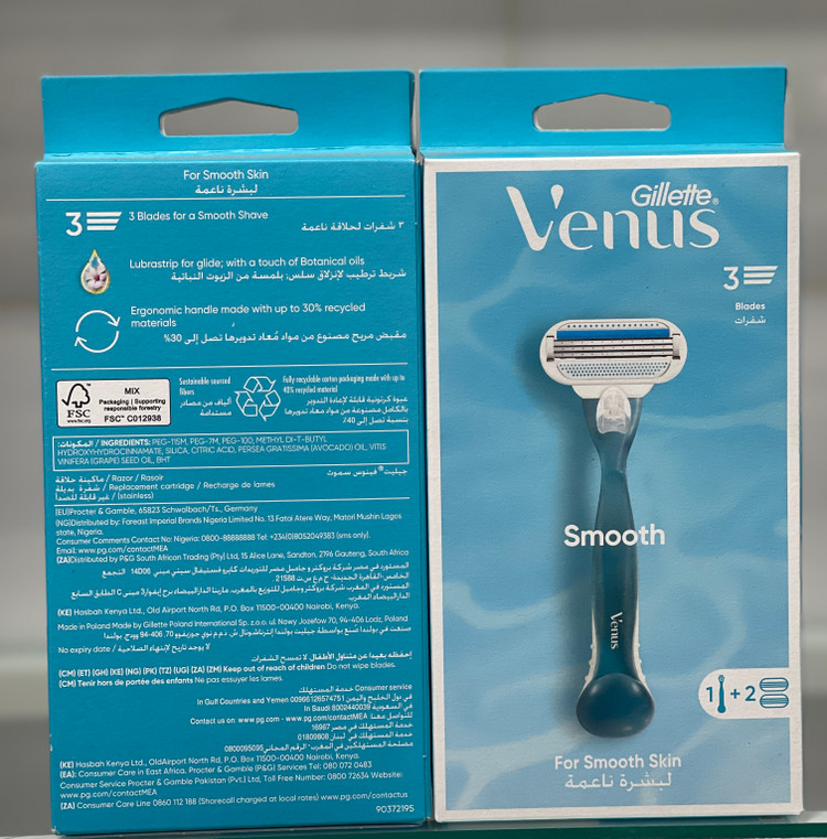 خودتراش زنانه ژیلت ونوس اسموت (Gillette Venus Smooth) 3 تیغه به همراه 2 یدک – اصلاحی نرم و بدون حساسیت