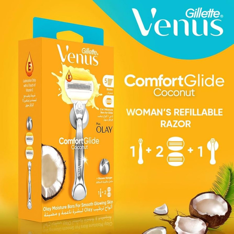خودتراش زنانه ژیلت ونوس اولای ComfortGlide Coconut Plus Olay مدل ۵ تیغه به همراه ۲ سری یدک و نوار مرطوبکننده نارگیل
