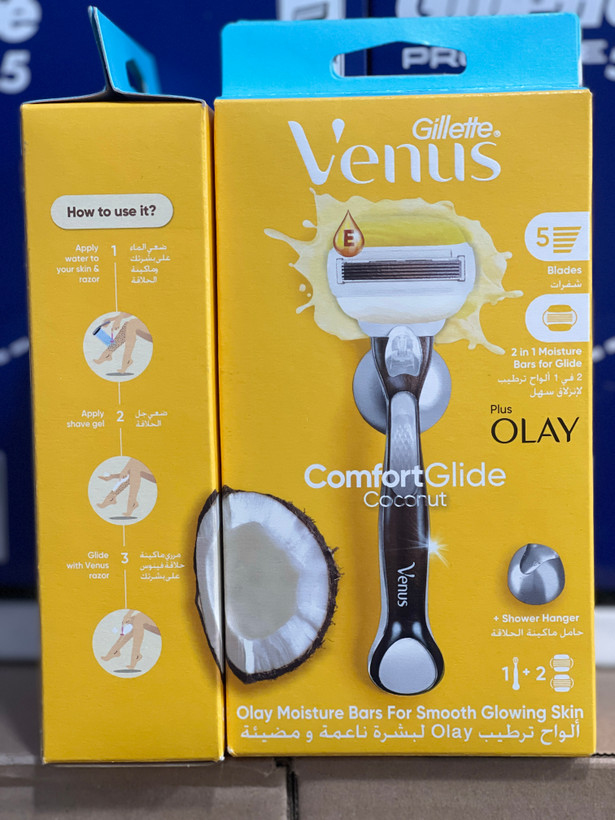 خودتراش زنانه ژیلت ونوس اولای ComfortGlide Coconut Plus Olay مدل ۵ تیغه به همراه ۲ سری یدک و نوار مرطوبکننده نارگیل